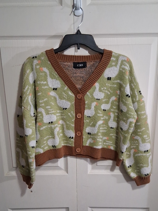 Cider Sweaters - Cider Light Green Swan-Print V-Neck Cropped Cardigan with Brown Ribbed Trim - S